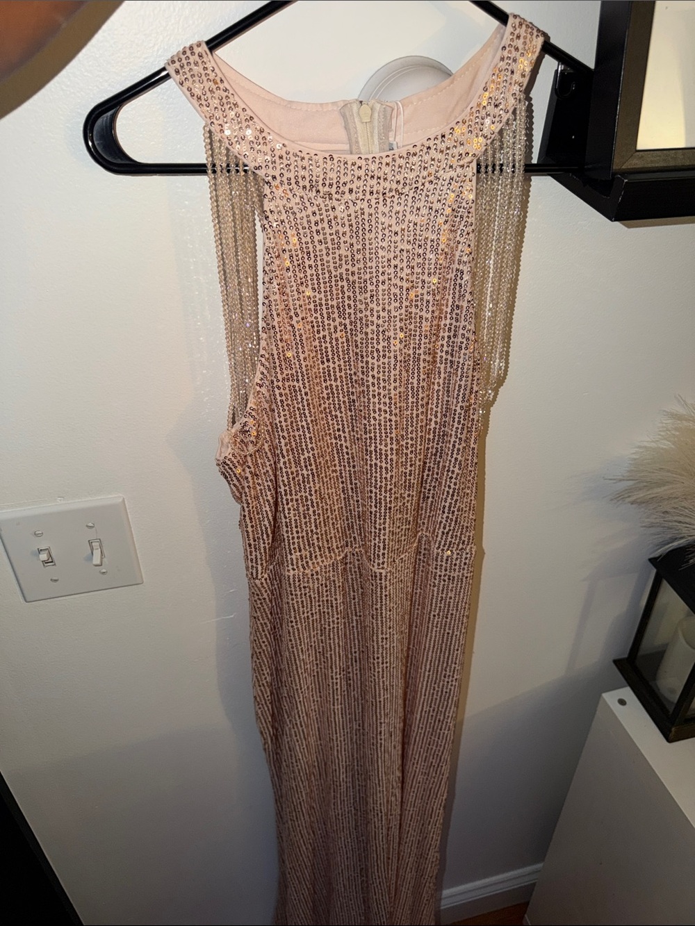 Sleeveless Blush Sequin Evening Dress with Beaded Fringe
